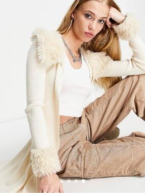 Bershka Cream Teddy-Trim Long Cardigan NWT